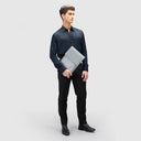 Man in formals holding sleek gray laptop sleeve for men with minimal design and textured finish