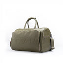 Dark olive leather duffle bag for men with bold TZÁR logo silver toned zippered compartments, adjustable strap, and handles