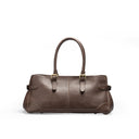 Coffee brown leather duffle bag for men with top handles, gold buckle detail, and expandable sides