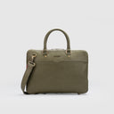 Dark olive leather laptop messenger bag for men with 2-way gold-tone zip, rope handles, adjustable strap, and textured front pocket