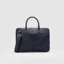 Navy blue genuine leather laptop bag for men with 2-way silver-tone zip, rope handles, adjustable strap, and textured front pocket