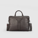 Espresso brown leather office bag with rope handles, detachable strap, twin pockets, and zippered compartments