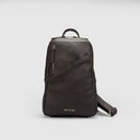 Front view of Espresso brown shoulder sling bag for men made of genuine leather and featuring textured leather with contrast stitching and front diagonal and vertical zip pockets for quick-access storage.