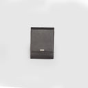 Front view of brown leather watch case with magnetic flap, logo plate, and gold-tone hardware, plain background