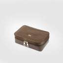 Angled view of brown cable organizer bag (8LX5WX1.75 inches) made of genuine leather with silver tone hardware for chargers, cables, drives, and gadgets