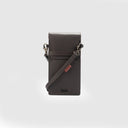 Espresso brown leather mobile pouch with adjustable sling, flap cover, metal hardware, and matte black logo plate