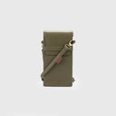 Compact dark olive leather phone pouch with adjustable sling, gold-tone fittings, flap design, and logo plate