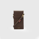 Front profile of brown leather mobile pouch with adjustable sling, flap cover, gold-tone hardware and logo plate