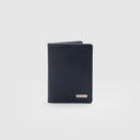 Navy blue leather bi-fold wallet for men with textured finish and silver tone logo detail, plain background