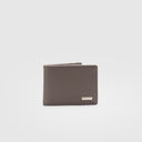 Coffee brown leather money clip wallet with silver tone logo and sleek minimalist design, plain background