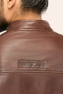Alexander Coffee Brown Leather Biker Jacket Back Collar Detail