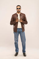 Alexander Coffee Brown Leather Biker Jacket Front View Men