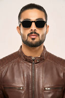 Alexander Coffee Brown Leather Biker Jacket Model Closeup