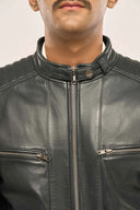 Alexander Navy Blue Leather Biker Jacket Collar Detail