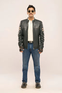 Alexander Navy Blue Leather Biker Jacket Front View Men