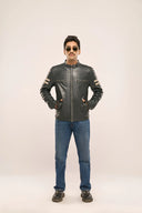 Alexander Navy Blue Leather Biker Jacket Full Front Model