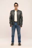 Man wearing navy blue genuine leather Biker Jacket with a front zipper, quilted shoulders and multiple zipper pockets