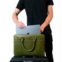 Dark Olive Leather Briefcase Showing Dedicated Laptop Compartment. 
