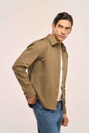 Flap Cotton Shacket Men Dark Olive Side Profile View