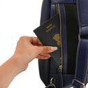Hidden Passport Pocket Detail On Zenith Leather Sling Backpack. 