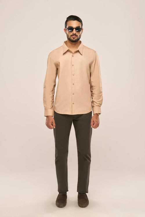 Sand Beige Cotton Poplin Monochrome Shirt | Slim Fit Formal Shirt