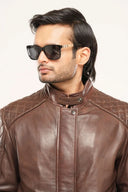 Nebula Coffee Brown Leather Jacket Model Closeup