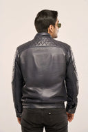 Nebula Navy Blue Leather Jacket Back View Men