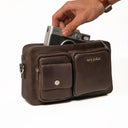 Premium Leather Handle And Compartment Detail Of Rover Crossbody Bag. 