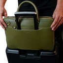 Premium Top Handle Detail Of The Quantum Leather Briefcase. 