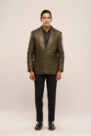 Stratos Dark Olive Leather Blazer Front View