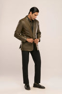 Stratos Dark Olive Leather Blazer Model Angle View
