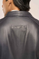 Stratos Navy Blue Leather Blazer Back Collar Detail
