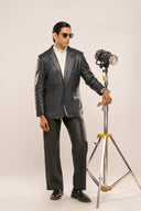 Stratos Navy Blue Leather Blazer Model Pose