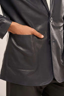 Stratos Navy Blue Leather Blazer Pocket Detail