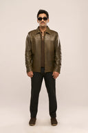 Yuri Dark Olive Leather Jacket Front View Men