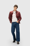 Yuri Rust Red Leather Jacket Casual Pose