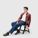 Yuri Rust Red Leather Jacket Seated Model